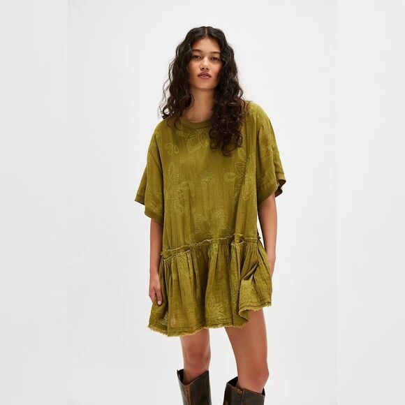 Free People Picking Petals Mini Dress Cardamom Seed Olive Green Women's Large - Picture 2 of 16